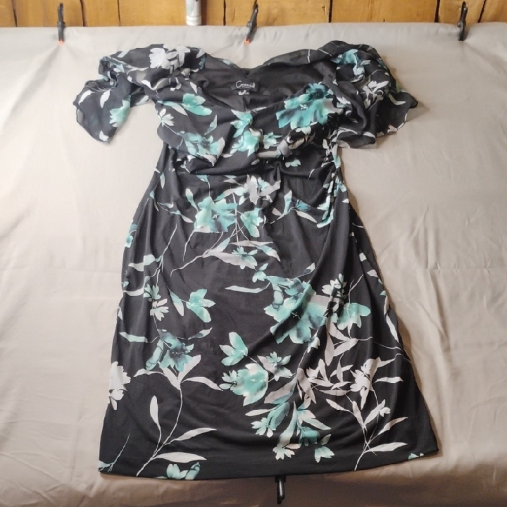 Connected Apparel Black Dress with Green Floral Design